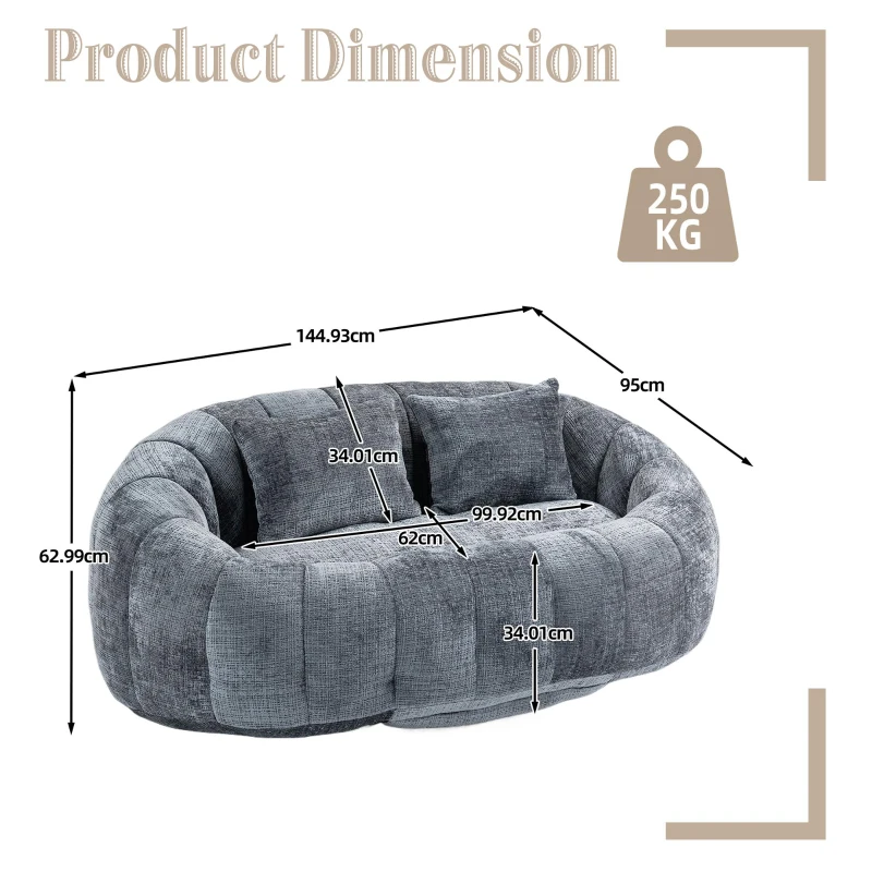 Cozy Oversized Bean Bag Sofa with 2 Matching Pillows, Soft 2-Seat Sectional Couch for Living Room and Bedroom, 145L x 95W x 63H cm, Grey