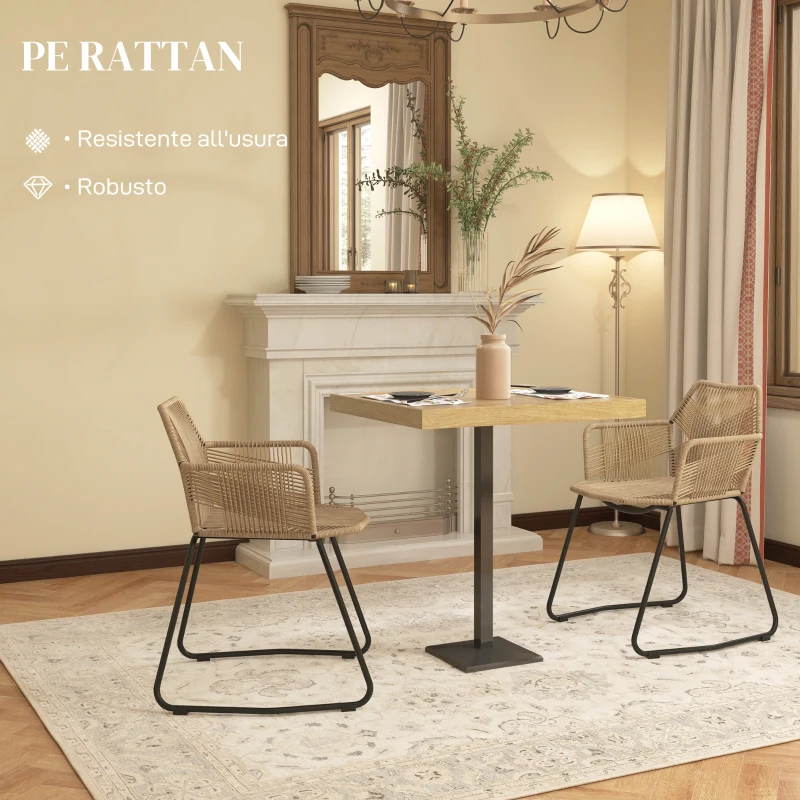 HOMCOM Set 2 Sedie da Pranzo Stile Boho da Interno in Rattan PE con Schienale Basso e Braccioli, Giallo