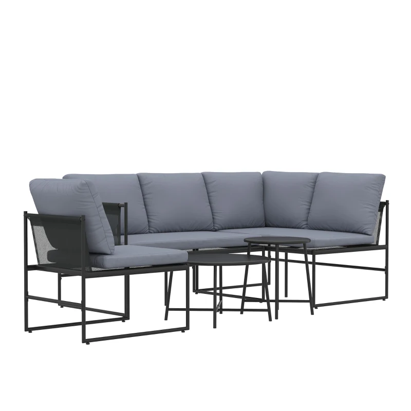 Outsunny Salon de Jardin Extérieur 5 Pièces, 2 Canapés, 2 Tables, 1 Chaise, Pochette de Rangement, 182x167x65cm, Gris Foncé