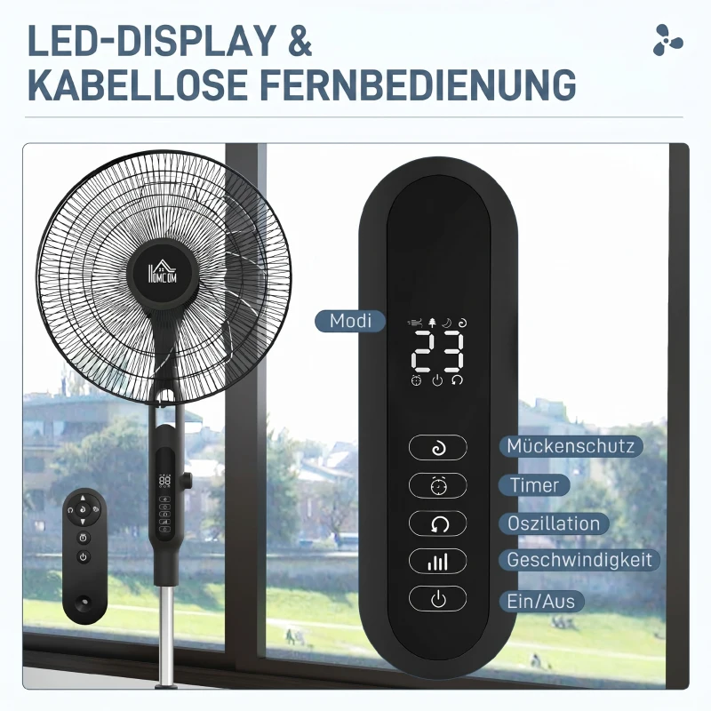 HOMCOM Ventilateur sur pied Ø 42cm 40W 3 modes 28 vitesses, fonction anti-moustique, hauteur réglable oscillant 75° noir