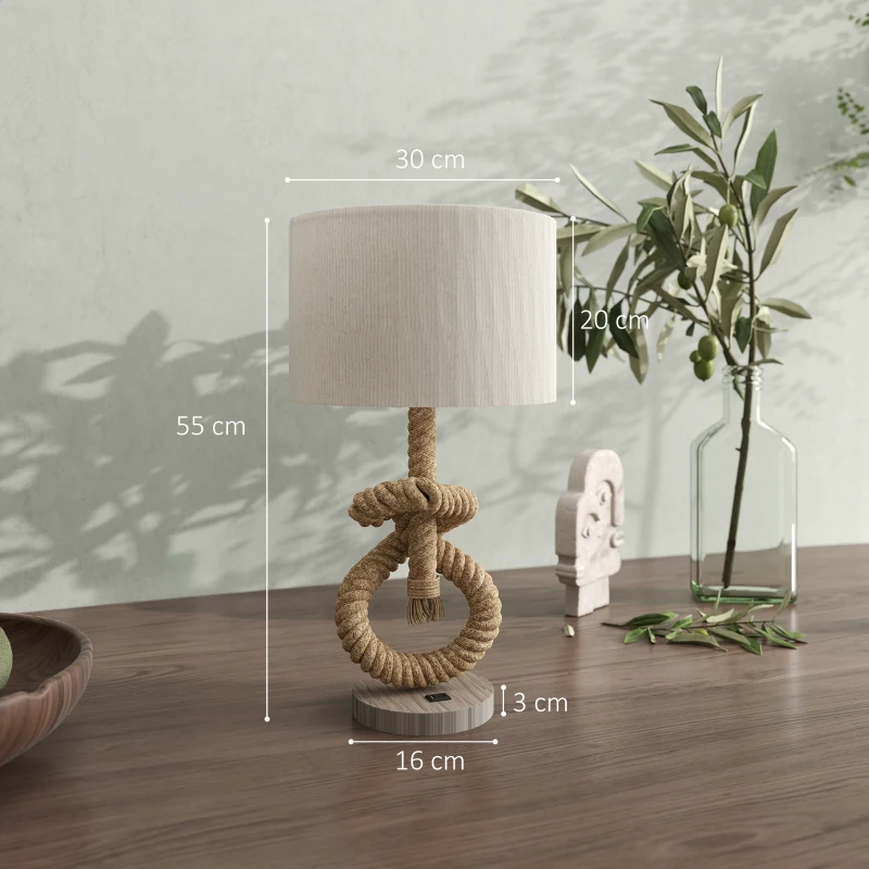 HOMCOM Nautical Table Lamps Set of 2 with USB Charging Port, Bedside Lamps for Bedroom Living Room, Warm White LED Bulb Included, with Hemp Rope, Natural