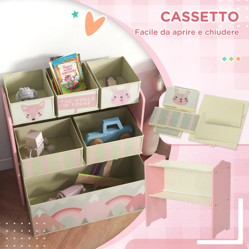 ZONEKIZ Scaffale Portagiochi per Bambini con 6 Contenitori Rimovibili in Tessuto, 63x30x66cm, Rosa