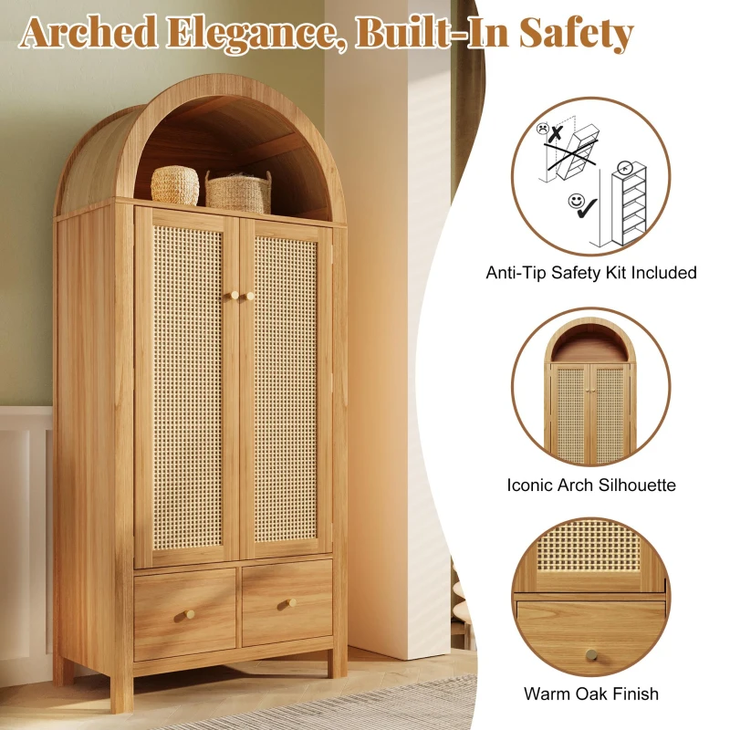 Country-Style Rattan Wardrobe with Semi-Circular Storage Area, Stylish Storage Cabinet for Bedrooms and Entryways, 78L x 45W x 181H cm, Oak