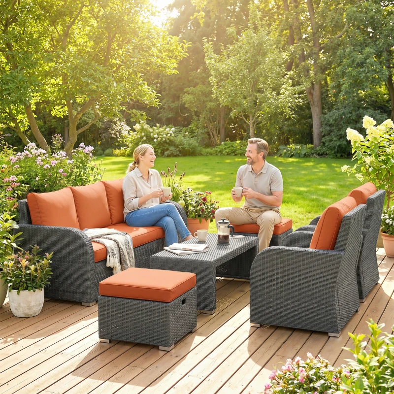 Outsunny Six-piece Outdoor Rattan Dining Set, Outdoor Sofa Set with Reclining Armchairs and Mental Frame, Orange