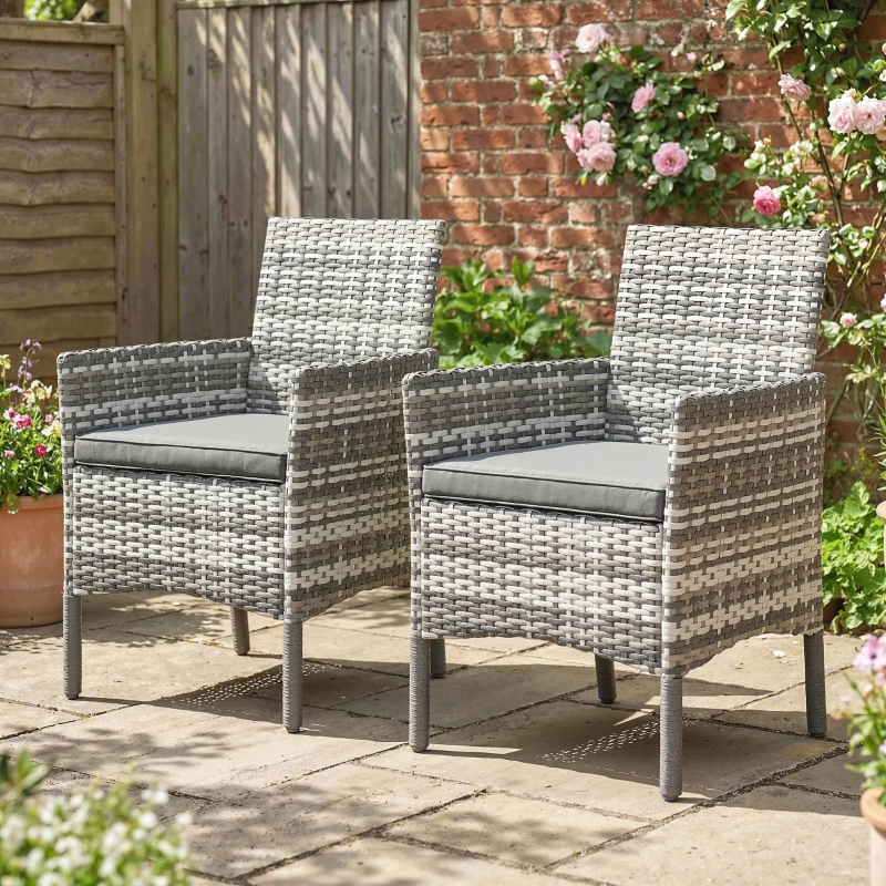 Outsunny Lot de 2 fauteuils de jardin en résine tressée, chaises de jardin extérieures avec coussins et dossier haut, gris