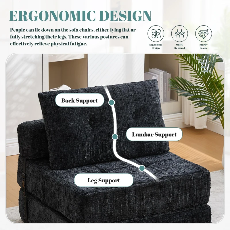 Cozy Convertible Floor Sofa Bed with Button-Tufted Detailing, Soft Chenille Folding Sleeper Couch for Living Room, 180L x 79W x 57H cm, Black
