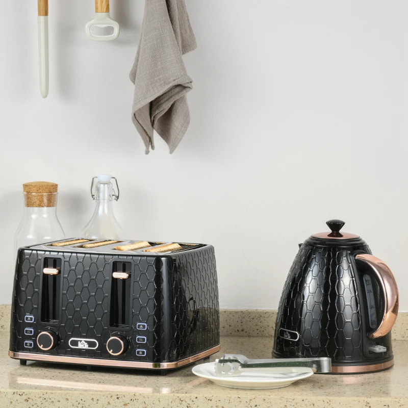 HOMCOM 1.7L 3000W Fast Boil Kettle & 4 Slice Toaster Set, Kettle and Toaster Set with 7 Browning Controls, Crumb Tray, Black