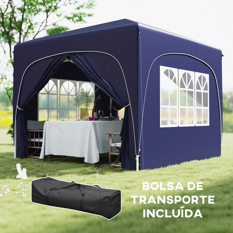 Outsunny Tenda Dobrável 3x3 m com Painéis Laterais UPF50+ Tenda de Jardim com Altura Ajustável e Bolsa de Transporte Azul Escuro