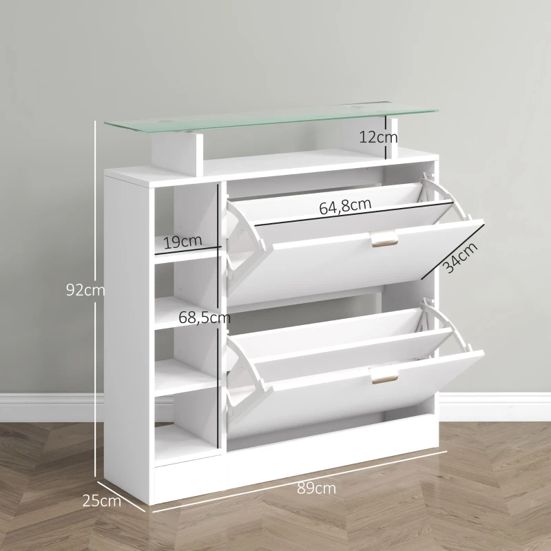 HOMCOM Sapateiro com Gavetas Basculantes, Prateleiras Ajustáveis e Prateleiras Abertas para 12 Pares de Sapatos 89x25x92 cm Branco