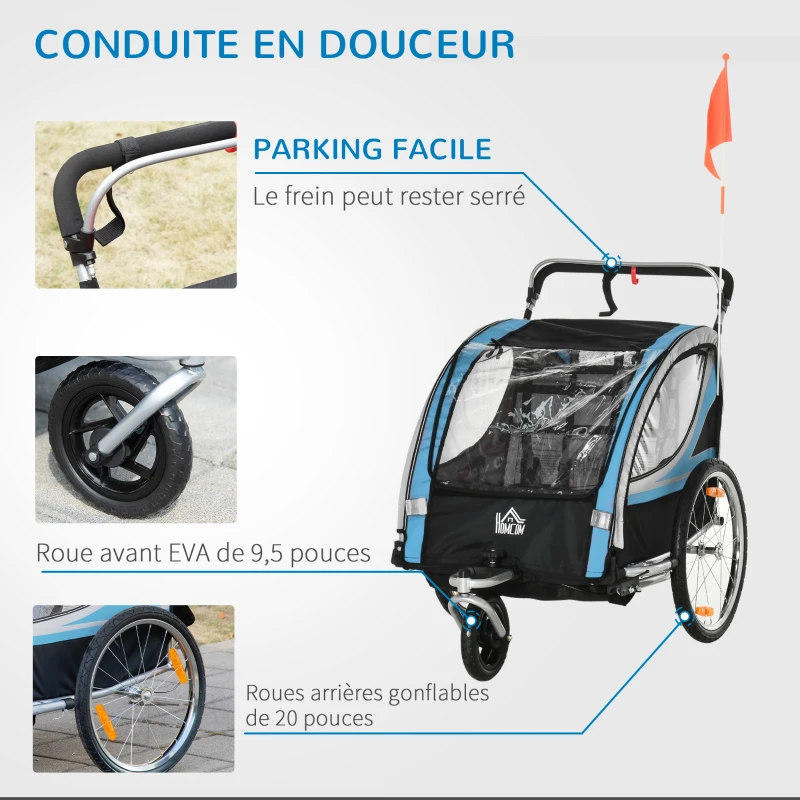 HOMCOM Remorque vélo pour enfant 2 en 1 convertible jogger poussette capacité 26,4 kg avec réflecteurs et drapeau - 2 places  - bleu