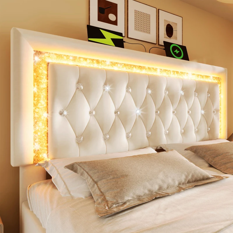 Smart Double Bed with Height-Adjustable Headboard, Stylish Bed Frame for Contemporary Bedrooms, 204L x 145W x 108H cm, Beige