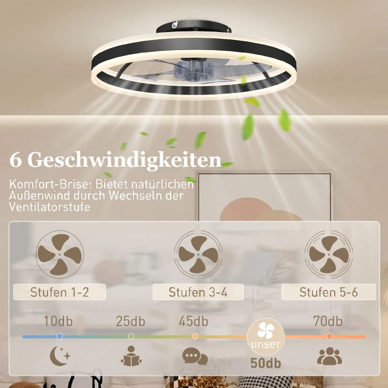 HOMCOM Deckenventilator mit Licht und Fernbedienung, LED-Deckenventilator mit 3 Farbtemperaturen, 6 Geschwindigkeiten, 50 cm