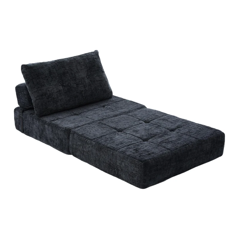 Cozy Convertible Floor Sofa Bed with Button-Tufted Detailing, Soft Chenille Folding Sleeper Couch for Living Room, 180L x 79W x 57H cm, Black