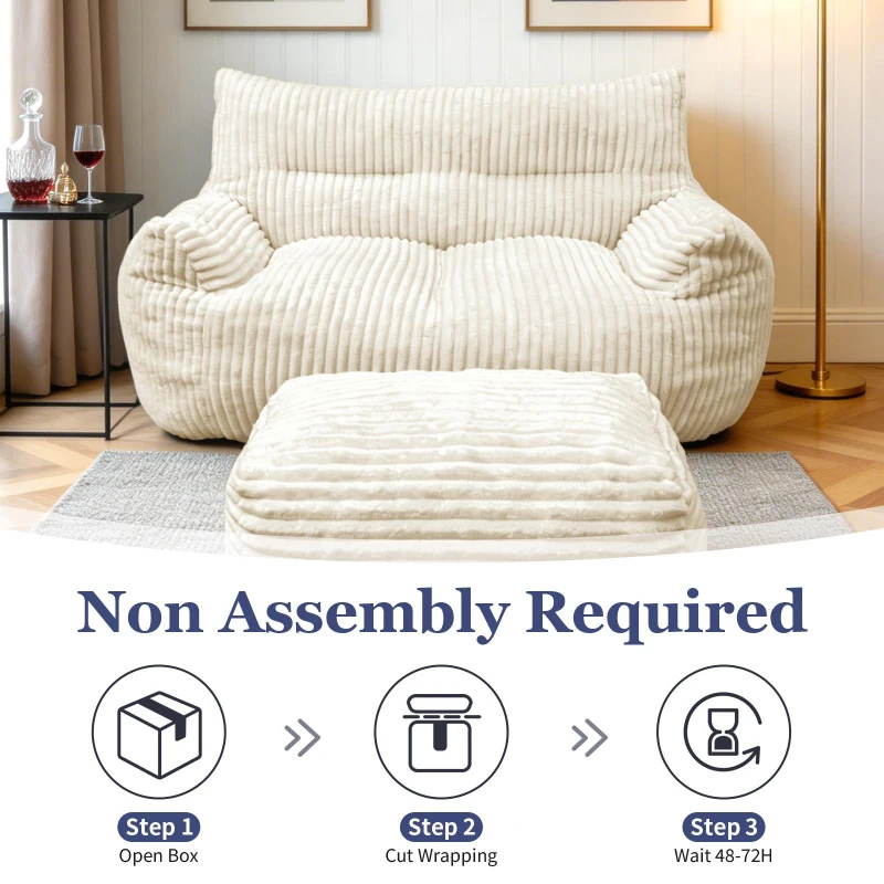 Oversized 2-Seater Corduroy Sofa with Ottoman, Comfortable Couch for Couples and Family, 100L x 135W x 75H cm, White