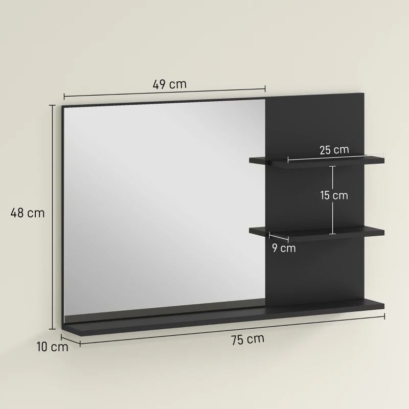 kleankin Specchio Bagno Moderno con 2 Ripiani Laterali e Ripiano Inferiore, in Legno e Vetro, 75x10x48 cm, Nero