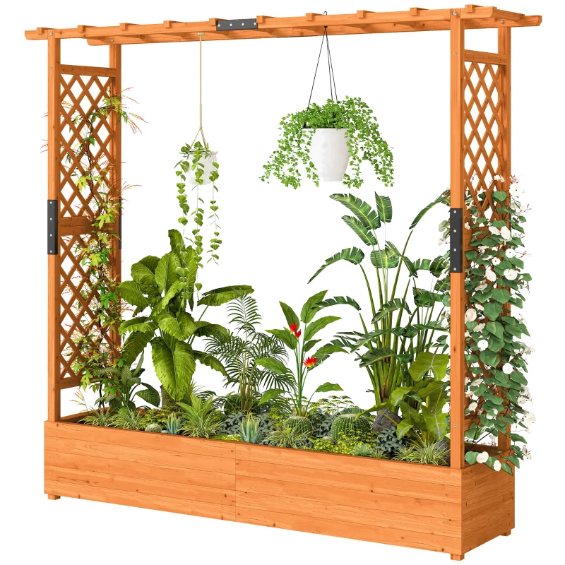 Outsunny Hochbeet mit Rankengitter und Dach, für Blumen, Obst, Gemüse, Kräuter, 196 x 44 x 181 cm, Holz, Orange