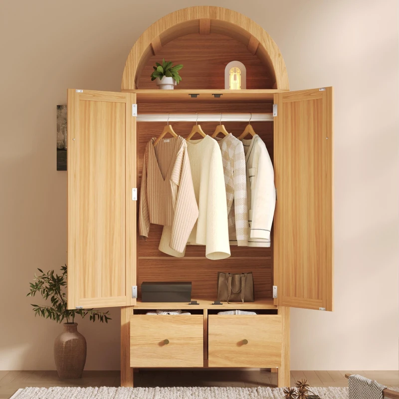 Country-Style Rattan Wardrobe with Semi-Circular Storage Area, Stylish Storage Cabinet for Bedrooms and Entryways, 78L x 45W x 181H cm, Oak