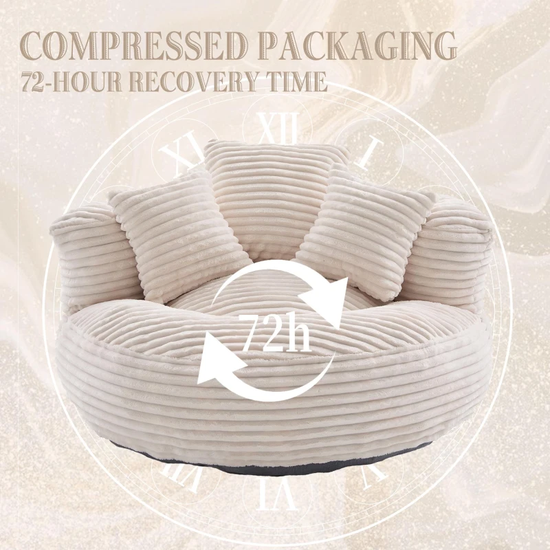 Plush Oversized Bean Bag Chair with High Back & 3 Pillows, Cozy Corduroy Floor Lounger Sofa for Living Room, 108L x 108W x 52H cm, Beige