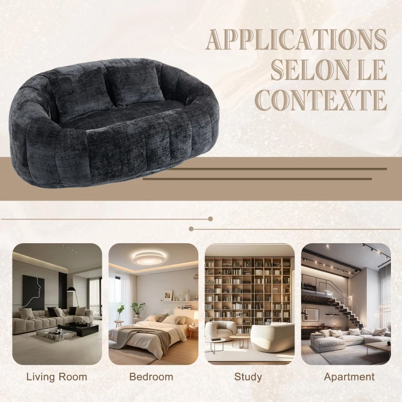 Cozy Oversized Bean Bag Sofa with 2 Matching Pillows, Soft 2-Seat Sectional Couch for Living Room and Bedroom, 145L x 95W x 63H cm, Black