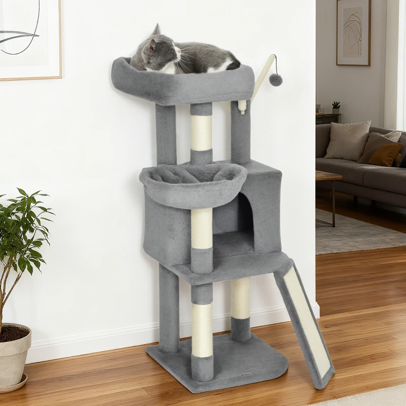 PawHut Arbre à chat tour de jeux pour chats griffoirs et tapis en sisal, plate-forme, niche, hamac, 40,5 x 40,5 x 103 cm, gris