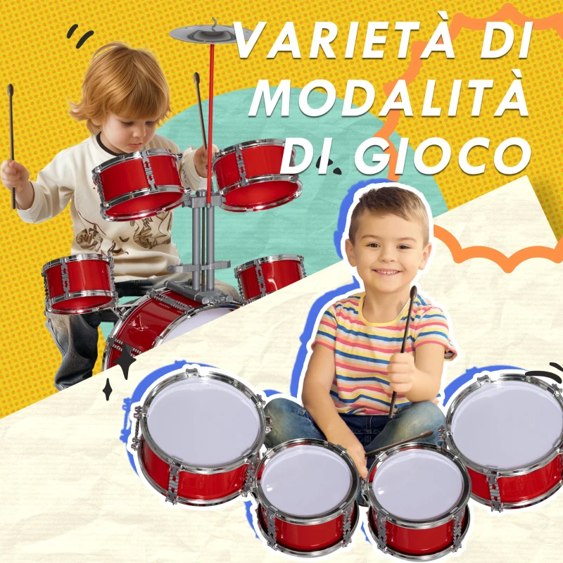 AIYAPLAY Set Batteria per Bambini da 5 Pezzi con Grancassa con Pedale, Tamburi, Piatto e Sgabello, Età 3-6 Anni, Rosso