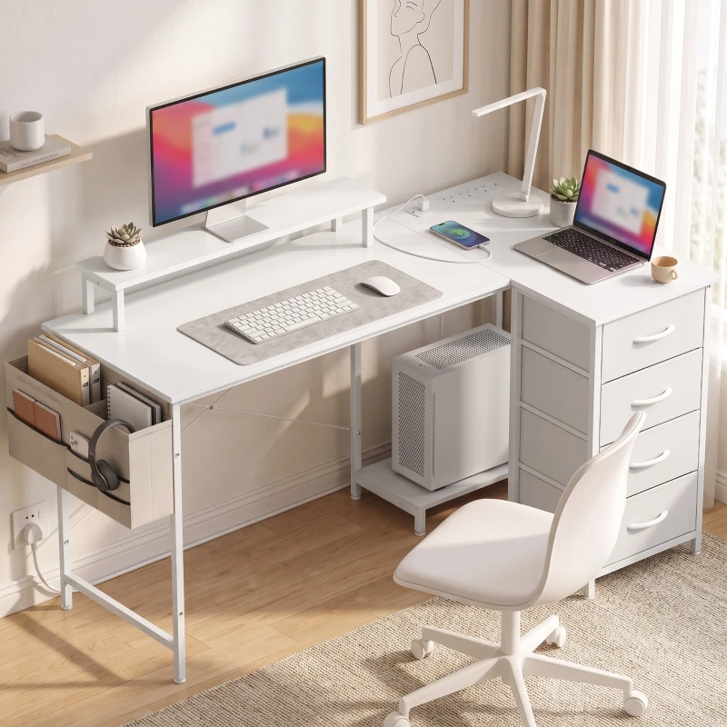 HOMCOM L Shaped Gaming Desk Reversible Power Outlets Corner Desk Storage Drawers Monitor Shelf 150 cm White