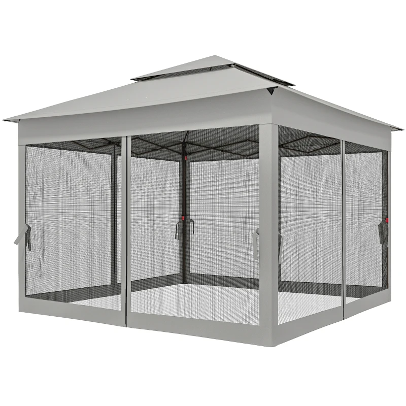 Outsunny Tenda Dobrável Exterior 325x325x270 cm Tenda de Jardim com Teto Duplo Rede Mosquiteira Amovível e Bolsa de Transporte Cinzento