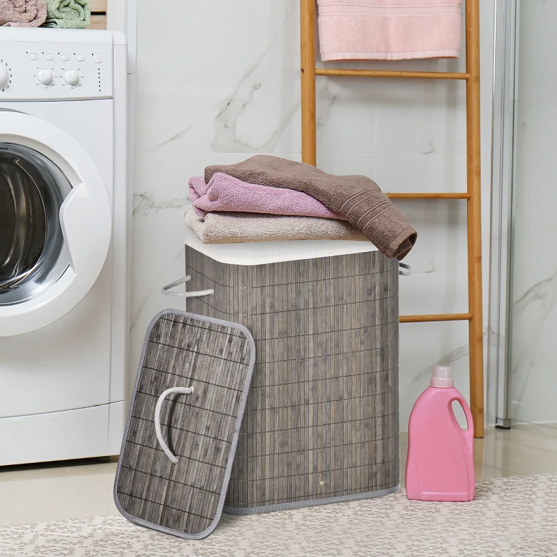 HOMCOM Wäschekorb mit Griffen und waschbarem Wäschesack, Rattan, Polyester, Baumwolle, Metall, 43L x 32B x 61H cm, Grau