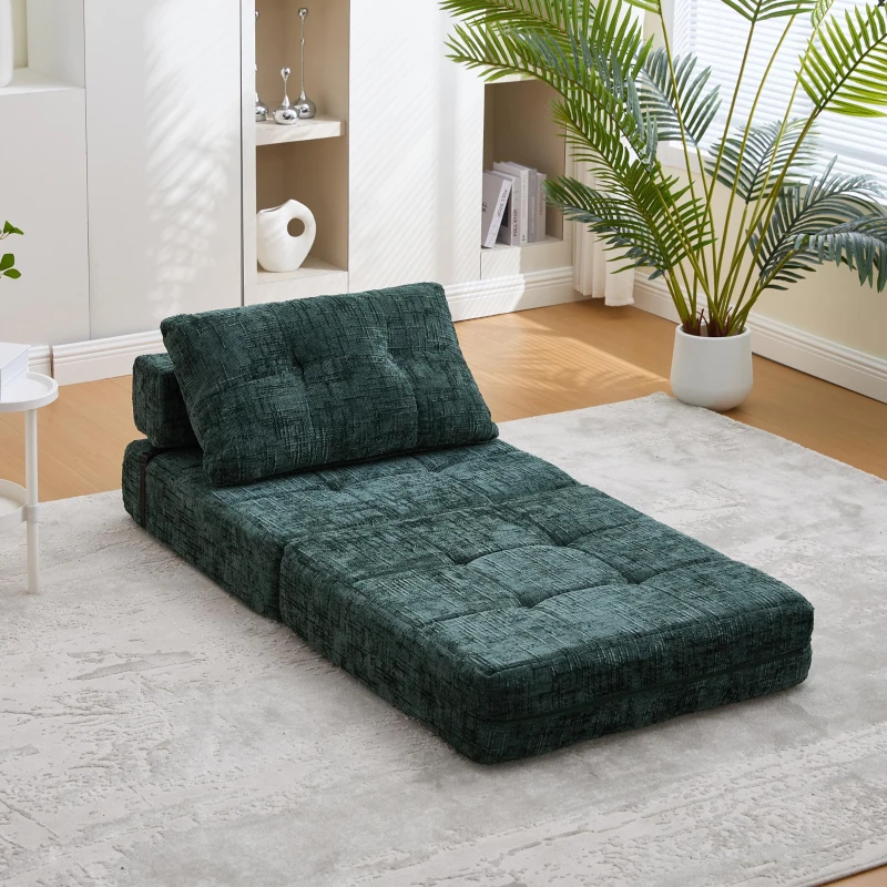 Cozy Convertible Floor Sofa Bed with Button-Tufted Detailing, Soft Chenille Folding Sleeper Couch for Living Room, 180L x 79W x 57H cm, Emerald