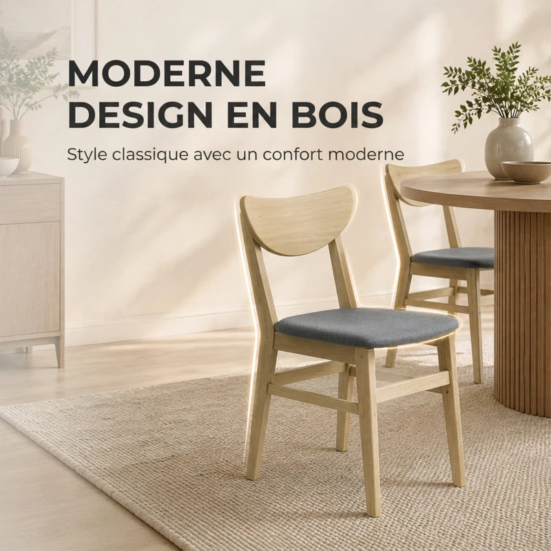 HOMCOM Lot de 2 Chaises de Salle à Manger, Chaises Cuisine, Assise Rembourrées en Lin, Dossier Incurvé, Gris et Bois Naturel
