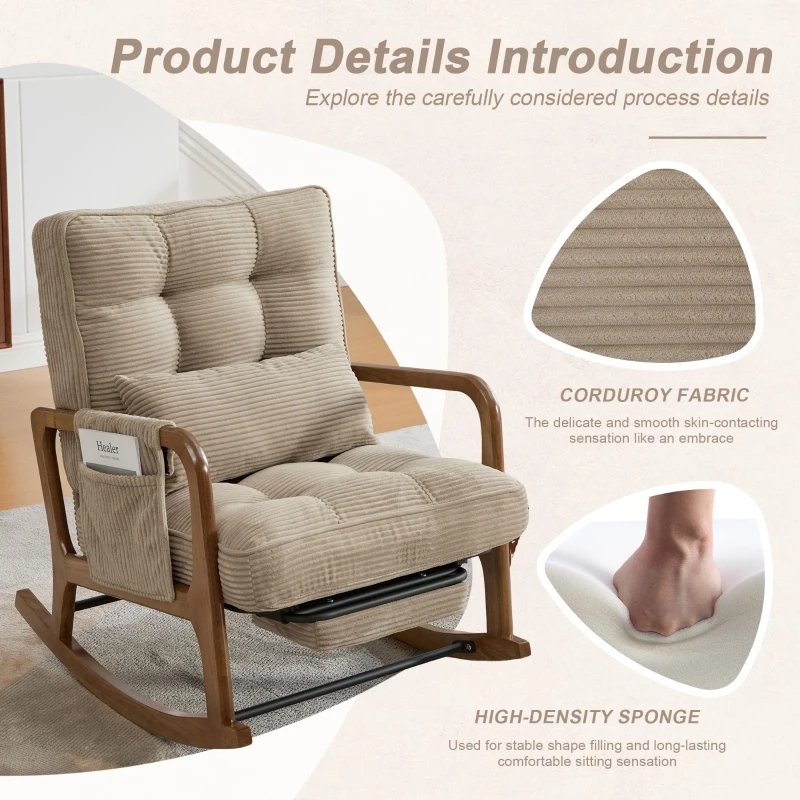 Cozy Rocking Chair with Adjustable Footrest and Side Pocket, Soft Corduroy Glider Armchair for Nursery, 92L x 80W x 70H cm, Khaki