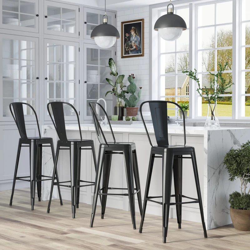 HOMCOM Set 4 Sgabelli Ergonomici con Schienale Rimovibile e Poggiapiedi, Sgabelli da Cucina in Metallo, 44x46x116 cm, Nero