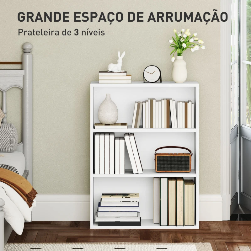 HOMCOM Estante de 3 Níveis Estante para Livros com 2 Prateleiras Ajustáveis para Sala de Estar Escritório Quarto 60x24x80 cm Branco