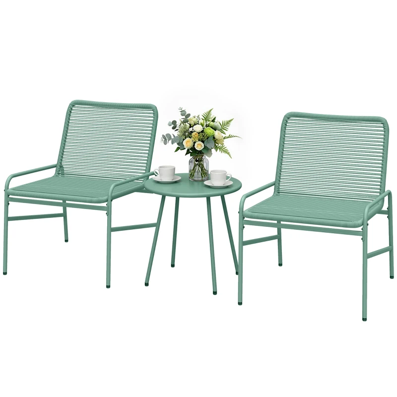 Outsunny Salon de Jardin Extérieur 3 Pièces en Résine Tressée et Acier, Table de Jardin Ronde avec 2 Chaises, 58x67x75cm, Vert