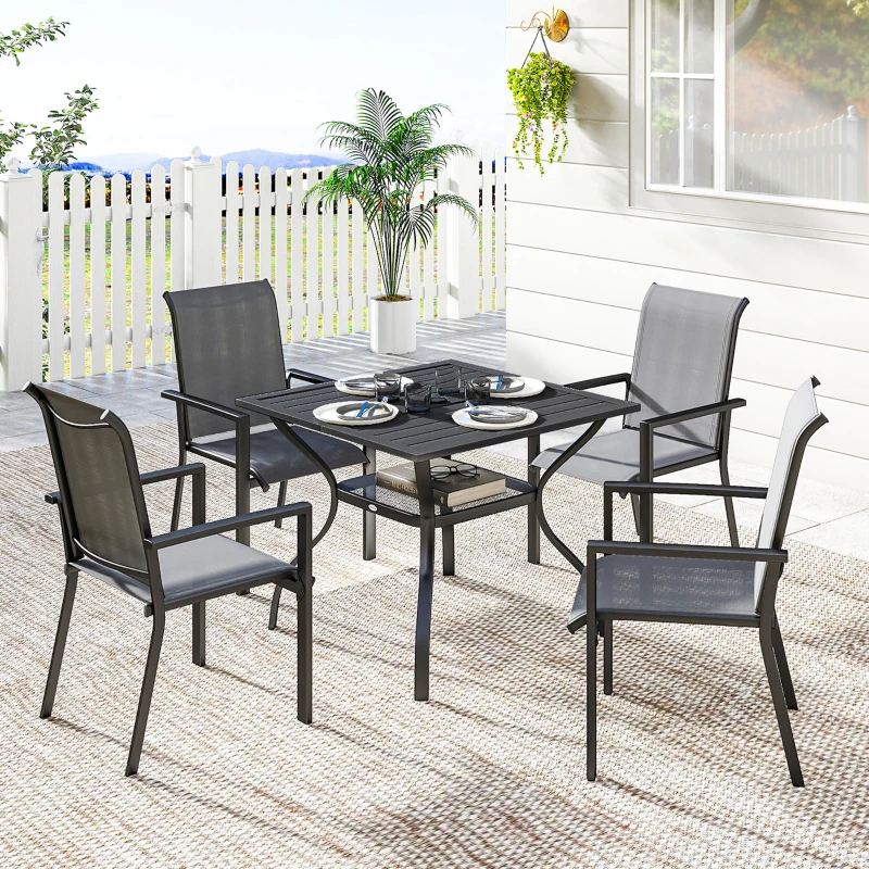 Outsunny 5 Pieces Outdoor Dining Set for 4, Garden Table and Stackable Chairs with Breathable Mesh Seat and Parasol Hole, Grey