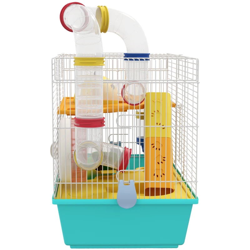 PawHut Cușcă pentru Hamsteri cu Roată, Căsuță, Bol, Rampe și Recipient Apă, Cușcă pentru Gerbili din Oțel, PS și PP, 45x28x37 cm, Alb și Albastru