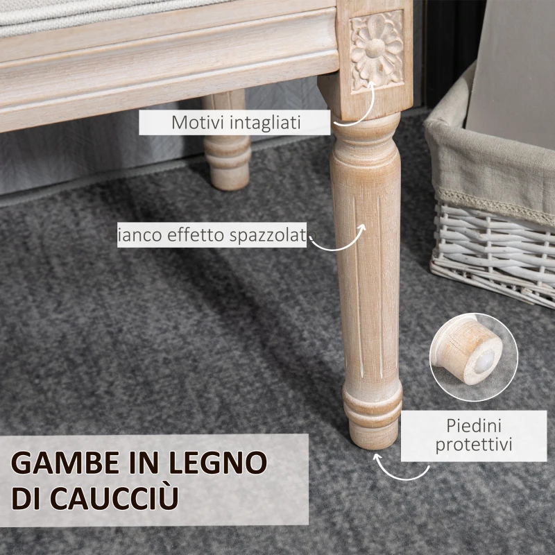 HOMCOM Panca Fondoletto Imbottita Stile Vintage in Tessuto e Gambe in Legno, 117x40x48 cm, Crema