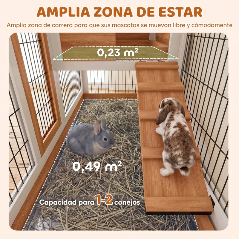PawHut Conejera de Madera de 2 Niveles Jaula para Conejos con Ruedas Rampa y Bandejas Extraíbles 110x50x88cm Natural