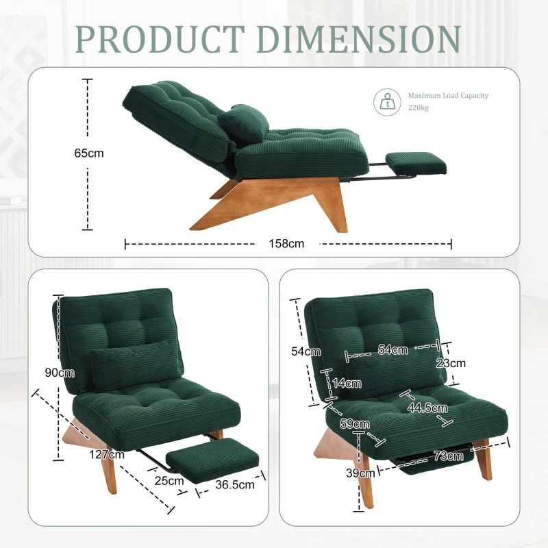 Cozy Reclining Accent Chair with Foldable Ottoman and Lumbar Pillow, Soft Adjustable Lounger for Living Room, 127L x 73W x 90H cm, Emerald