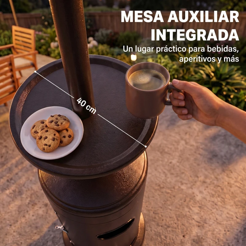 Outsunny Estufa de Gas Butano 13 kW con Mesa Ø40 cm Regulación Continua del Calor Antivuelco Encendido Piezoeléctrico y Ruedas