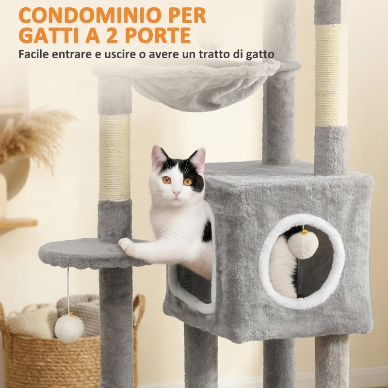 PawHut Albero Tiragraffi per Gatti con 2 Casette, Rampa, Trespoli e 4 Palline, 48x40x165 cm, Grigio e Bianco
