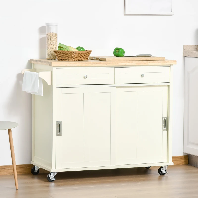 HOMCOM Desserte îlot de cuisine - 2 tiroirs, 2 placards portes coulissantes avec étagères - dim. 110L x 49l x 89H cm - MDF écru plateau bois caoutchouc