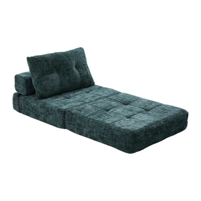Cozy Convertible Floor Sofa Bed with Button-Tufted Detailing, Soft Chenille Folding Sleeper Couch for Living Room, 180L x 79W x 57H cm, Emerald