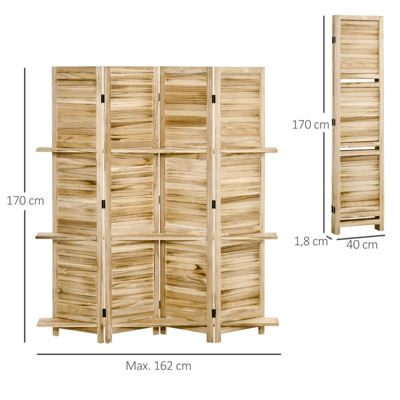 HOMCOM Paravento Divisorio per Interni Pieghevole a 4 Ante con Ripiani in Legno di Paulonia, 162x170 cm, Legno