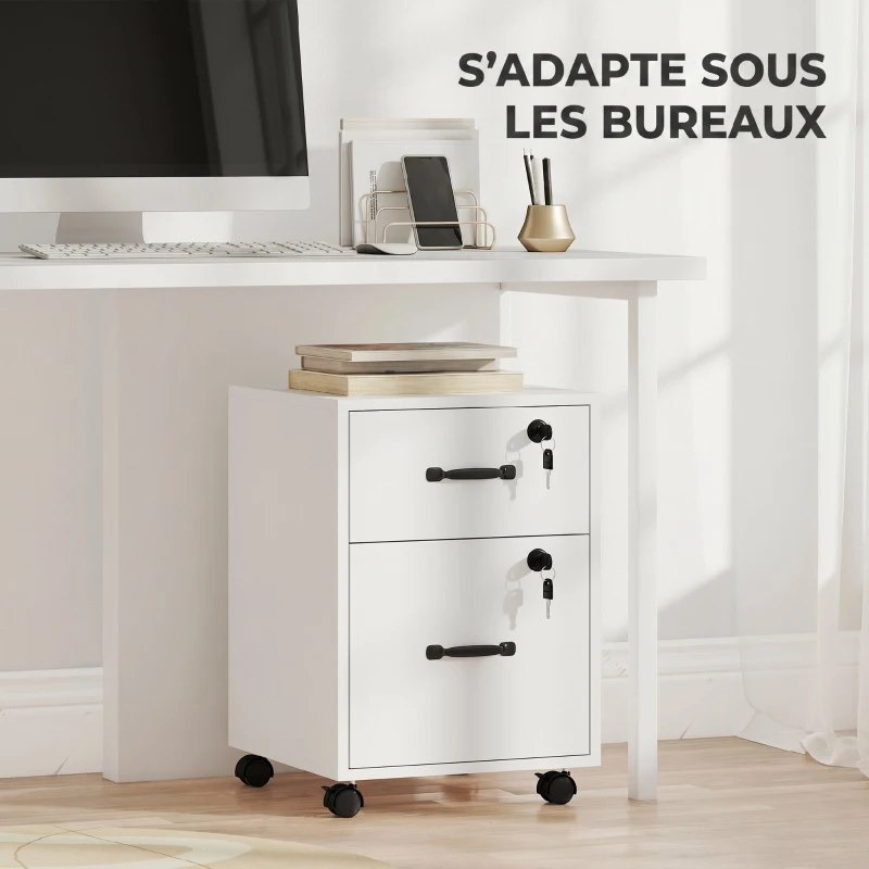 HOMCOM Caisson bureau mobile à 2 tiroirs, meuble rangement bureau sur roulettes pour documents suspendus format lettre, blanc