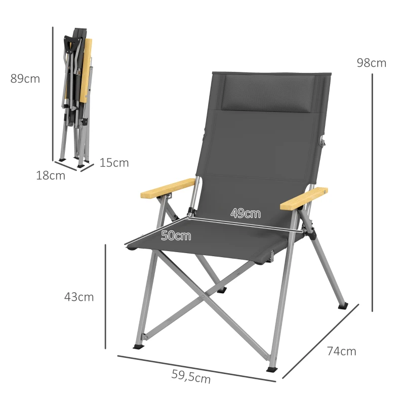 Outsunny Sedia da Campeggio Pieghevole con Schienale Regolabile, in Alluminio e Poliestere 74x59.5x98 cm, Grigio e Argento