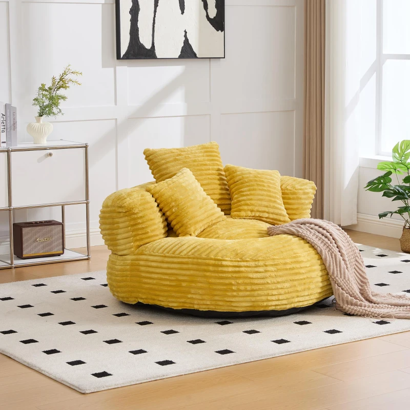 Plush Oversized Bean Bag Chair with High Back & 3 Pillows, Cozy Corduroy Floor Lounger Sofa for Living Room, 108L x 108W x 52H cm, Mustard Yellow