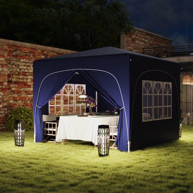 Outsunny Tenda Dobrável 3x3 m com Painéis Laterais UPF50+ Tenda de Jardim com Altura Ajustável e Bolsa de Transporte Azul Escuro