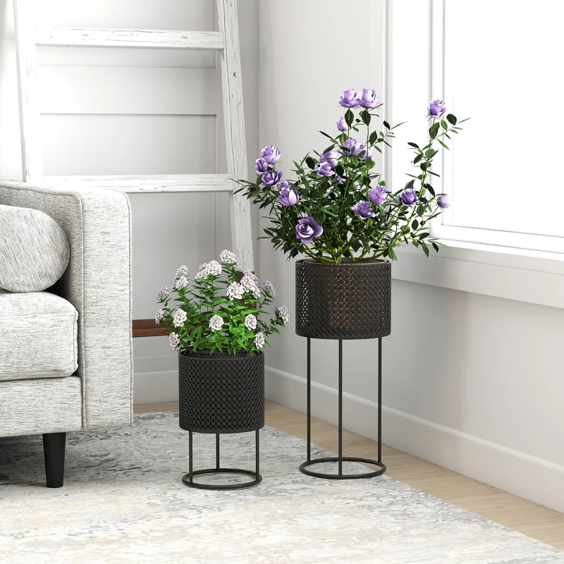 Outsunny Metal Plant Pots Set of 2 with Hollow Design Flower Planters for Garden Balcony Black