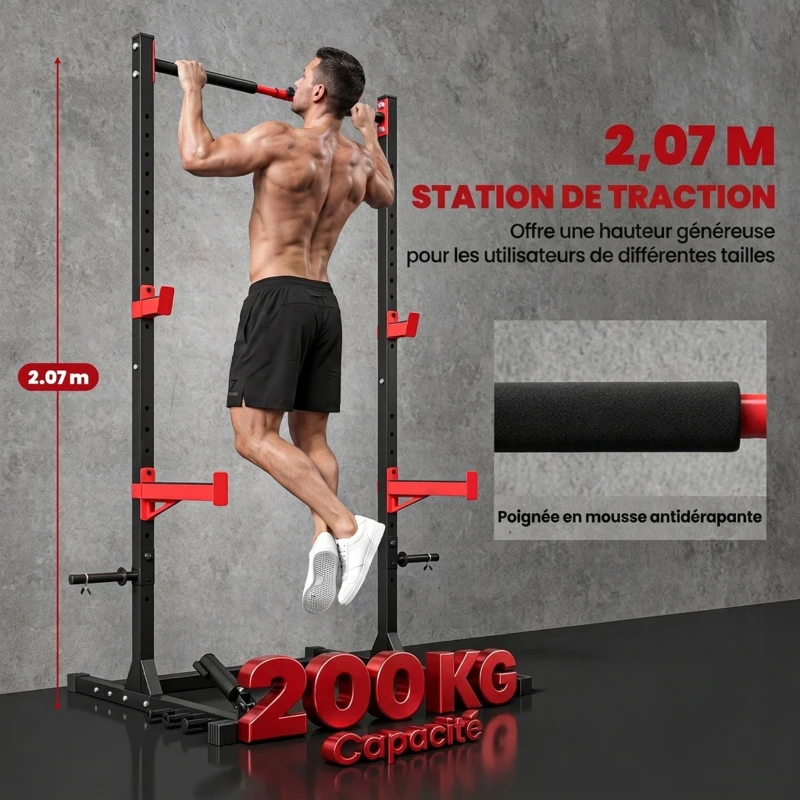 SPORTNOW Power Tower Multifonction Charge 500 kg Largeur Réglable, Barre de Traction, Rack de Squat, 176x106x212cm, Rouge